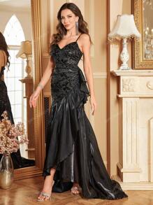 yanchunxier Women's Off-Shoulder Adjustable Strap Dress, Featuring Butterfly Sequin Satin Patchwork V-Neck, Extra Long Waist Pleated Ruched Design, Asymmetrical Hem With Shiny Mesh Ruffle, Suitable For Wedding/Party/Holiday/Cocktail