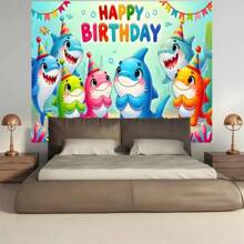 1 件水下鲨鱼家庭生日派对背景布、摄影背景、生日礼物