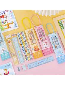 1set Cartoon Stationery Set, (Pencil, Eraser, Ruler, Pencil Sharpener), Portable School Supplies, Gifts, Giveaways Ruler, Pencil Sharpener, Cute Packaging, 5-In-1 Handheld Design, Back To School,Perfect For School, Student Rewards, Party Favors