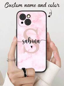 Customized Pink Gradient Marble Color Initial Letter Signature Design Shockproof Phone Case, Personalized Signature Phone Case, Suitable For Girl's Birthday Gift, Valentine's Day Gift. Customizable Name Color Phone Case, Personalized Colorful Letter Anti-Drop Thick Black Phone Case Cover For S20, S21, S22, S23, S24, A12, A14, A15, A21, A22, A31,  11/13/14/15 Pro Max, 16 Pro Max - Black - View 2