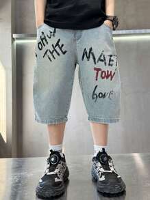 Tween Boy Casual Loose Letter Print Denim Shorts, Summer - Blue - View 1
