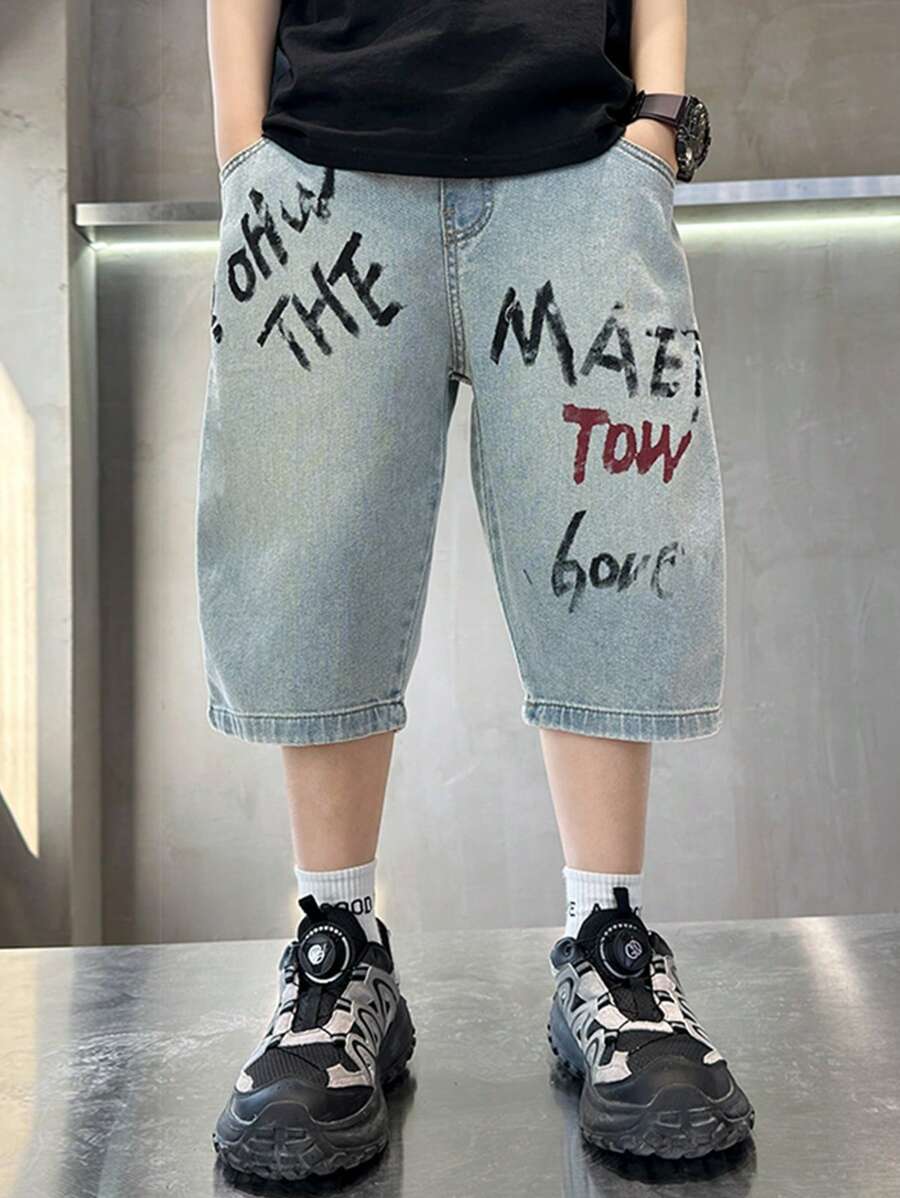 Tween Boy Casual Loose Letter Print Denim Shorts, Summer - Blue - View 1