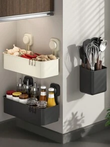 1pc Wall-Mounted Suction Cup Shelf, No-Drill Kitchen Bathroom Organizer, Large Capacity Storage For Spices And Supplies, Ideal For Halloween And Christmas Gifts - Multicolor - View 1