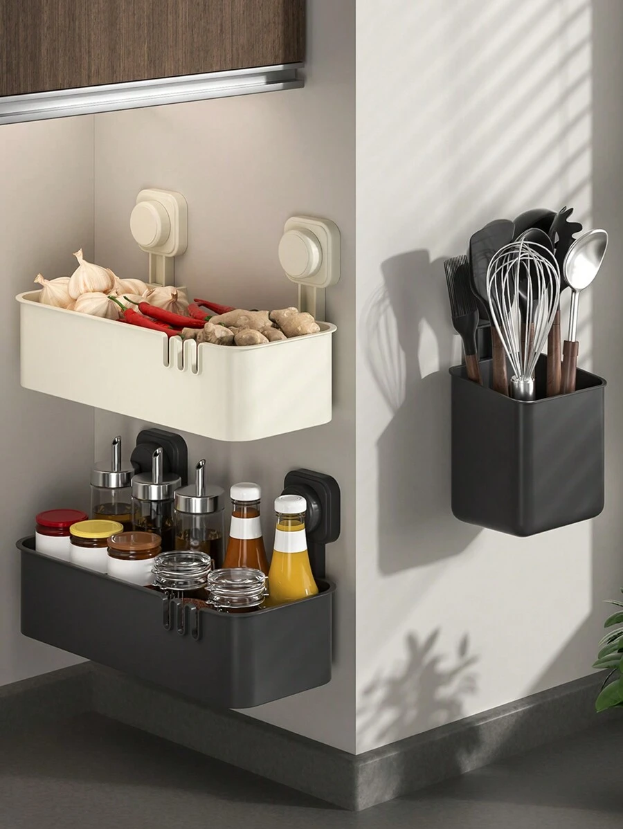 1pc Wall-Mounted Suction Cup Shelf, No-Drill Kitchen Bathroom Organizer, Large Capacity Storage For Spices And Supplies, Ideal For Halloween And Christmas Gifts - Multicolor - View 1