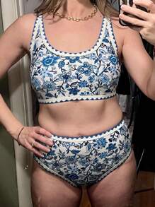 Women 2-Piece Bikini Swimsuits Floral Print U-Neck Bra And High Waist Briefs Sets For Summer Beachwear Bathing Suit - Màu xanh lam - Xem 3