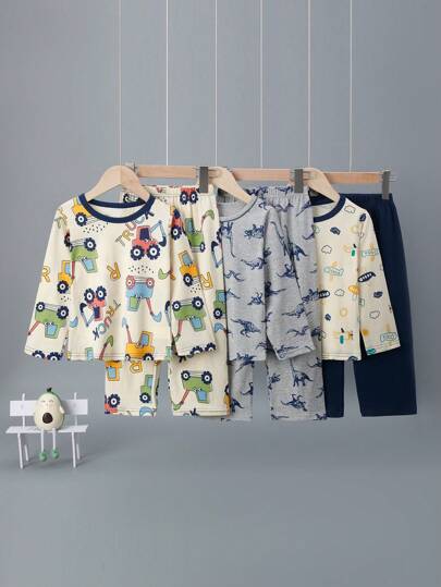 6st/pack Young Boys Dinosaurie, Grävmaskin, Flygplanstryck Långärmad Topp och Byxor Sovkläder Set, Tecknad Allover Print Lätt Loungewear för vår och höst