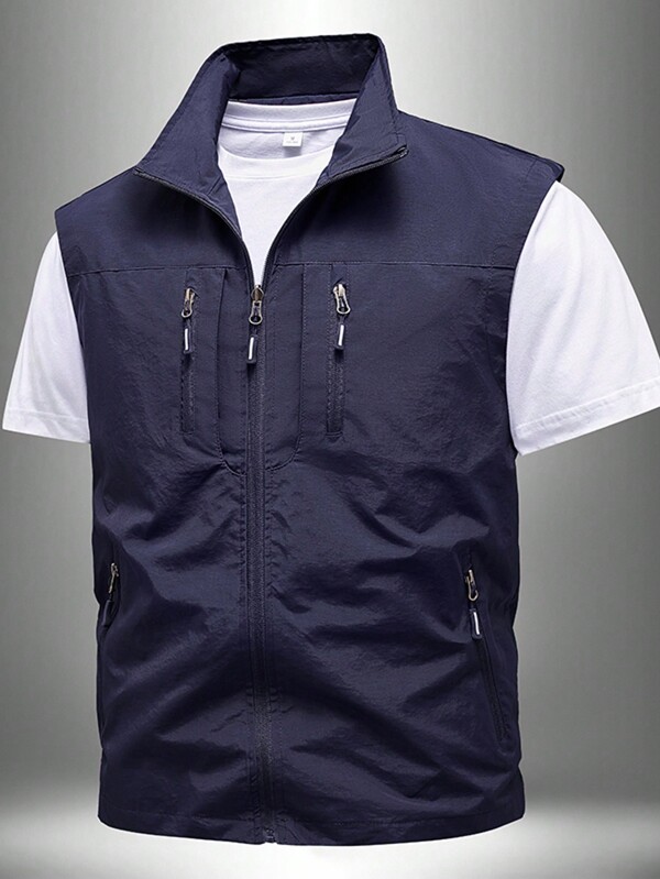 1 pieza Chaleco casual de hombre para exteriores, chaqueta sin mangas con múltiples bolsillos para deportes y fotografía, corte holgado y talla grande, para primavera/verano