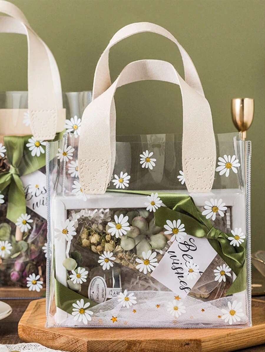 1 个透明 PVC 雏菊花朵印花礼品包装袋（不含丝带）、便携式透明手持礼品包装袋、适合伴娘、可爱雏菊图案节日用品手柄、婚礼礼品手提袋、促销、小型企业用品、购物袋、节日派对手提袋、生日派对礼品袋、工艺手提袋、圣诞节 - 彩色 - 查看 1