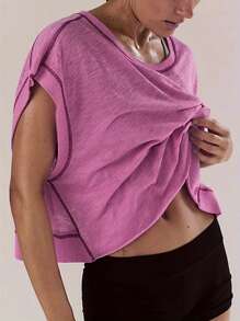 Women's Cap Sleeve Crewneck Twist Backless Slim Fit Solid Crop Tee Top