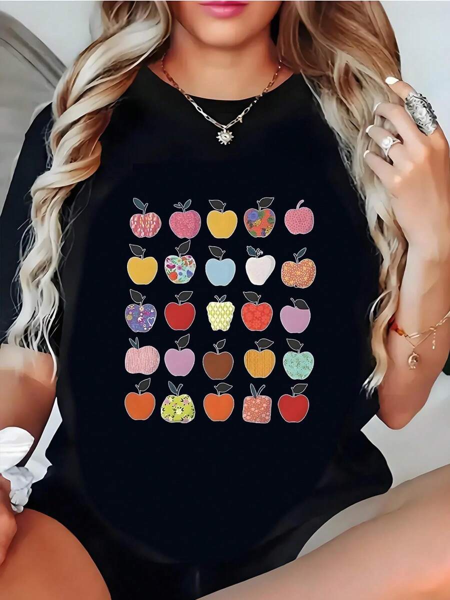 Different Colors Apples  TShirt , Women's Casual Round Neck Short Sleeve Cotton Street Wear, Birthday  Gift For Girls - màu đen - Xem 1