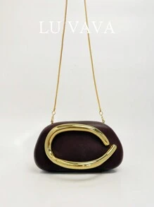 优雅精致的勃艮第棕色 PU 手提包，金色五金装饰，新颖豆袋。适合女性日常约会、度假、晚宴、婚礼服装搭配、新年服装推荐。，女士包包优雅、奢华