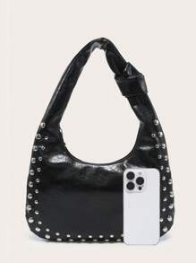 Tas Bahu Wanita Bentuk Bulan Sabit, Bahan PU, Kapasitas Besar, Dekorasi Stud, Gaya Vintage, Cocok Untuk Perjalanan dan Jalan-jalan - Hitam - View 2
