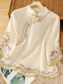 JIANHU Camicetta ampia ed elegante con collo alto, ricamata, con design moderno di bottoni cinesi, versatile per primavera ed estate