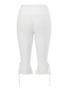 Women Capri Pants Solid Color Elastic Waist Tie-Up Summer Casual Cropped Pants Stretch Crop Leggings - White - View 9
