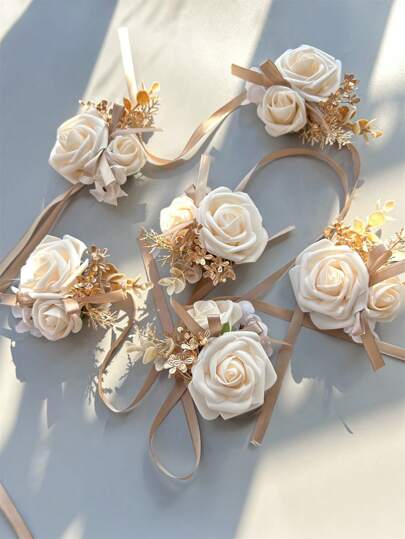 6 piezas/lote Corsage de muñeca de novia Flores de champán de boda Flores de mano para mujeres Decoración de fiesta Accesorios del Día de San Valentín