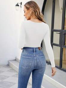 HIGHFINE Women's Long Sleeve T-Shirt Round Neck Tight Casual Base Top - 白色 - 查看 2