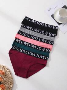 6 piezas de bragas de mujer con cintura baja, sin costuras, con estampado de letras LOVE, ropa interior cómoda y transpirable para deportes