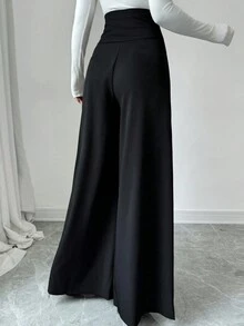 Women's Solid Color High Waist Loose Casual Long Pants - Black - View 2
