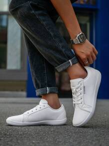 （适合宽/胖脚）男士时尚宽头系带黑色平底简约赤脚鞋，百搭户外宽版运动休闲商务正装鞋 - 白色 - 查看 10