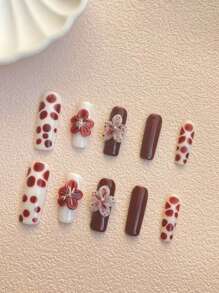 10 Pieces Pure Handmade Wearable Nail 33 Square Nail Type Pure Handmade Faded Small Flower Craft 3d Three-Dimensional Carving Craft Fashion Versatile Can Be Given To Friends And Girlfriends' Birthday Holiday Gifts Can Be Reused And Worn Press On Nails