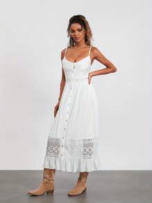Women Sling Dress, Spaghetti Straps Button Closure Lace Patchwork Hollowed Summer Long Dress