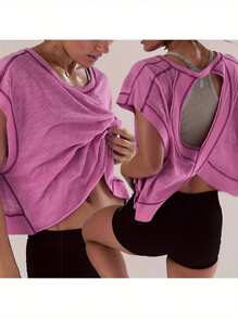 Women's Cap Sleeve Crewneck Twist Backless Slim Fit Solid Crop Tee Top