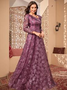 SUPGIR Abito da sera elegante con scollo a V, cielo stellato viola, in rete con ricami di paillettes, maniche lunghe, abito da ballo da cerimonia, adatto per invitati a matrimoni, lauree, cene - Viola rosso - Visualizzare 3