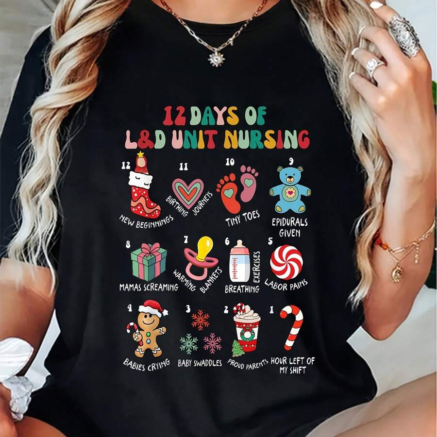 Cotton 12 Days Of L&D Unit Nursing Labor & Delivery Nurse Christmas T-Shirt - Black - View 1