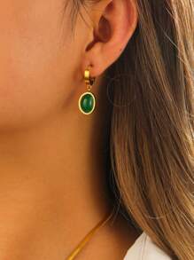 5pcs Fashionable Retro Stainless Steel 18K Gold Plated Green Stone Jewelry Set, Suitable For Women's Daily Wear, Parties, Holidays Gifts - Yellow Gold - View 4