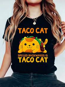 Tacocat Spelled Backwards Shirt Taco Cat Cinco De Mayo T-Shirt Print Cotton T Shirt For Summer, Women's Soft Short Sleeve Top, Stylish Comfy Tee For Women Graphic Tees