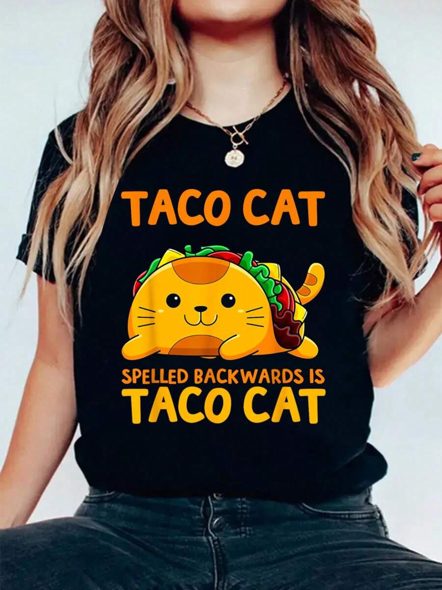 Tacocat Spelled Backwards Shirt Taco Cat Cinco De Mayo T-Shirt Print Cotton T Shirt For Summer, Women's Soft Short Sleeve Top, Stylish Comfy Tee For Women Graphic Tees