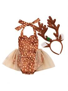 2 piezas de mono de reno para niña, sin mangas, con cuello halter, de tul y diadema de astas, disfraz de cosplay - Caqui - Ver 2