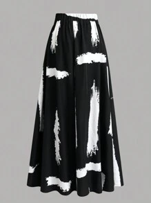 Women's Casual Loose Design Unique Ink Print High-End Slimming Skirt - Black - View 2