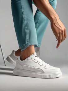 情侣鞋尺码36-45，女士休闲鞋，男士运动鞋，系带软底平底舒适男鞋，轻便低帮休闲日常鞋 - 白色 - 查看 8