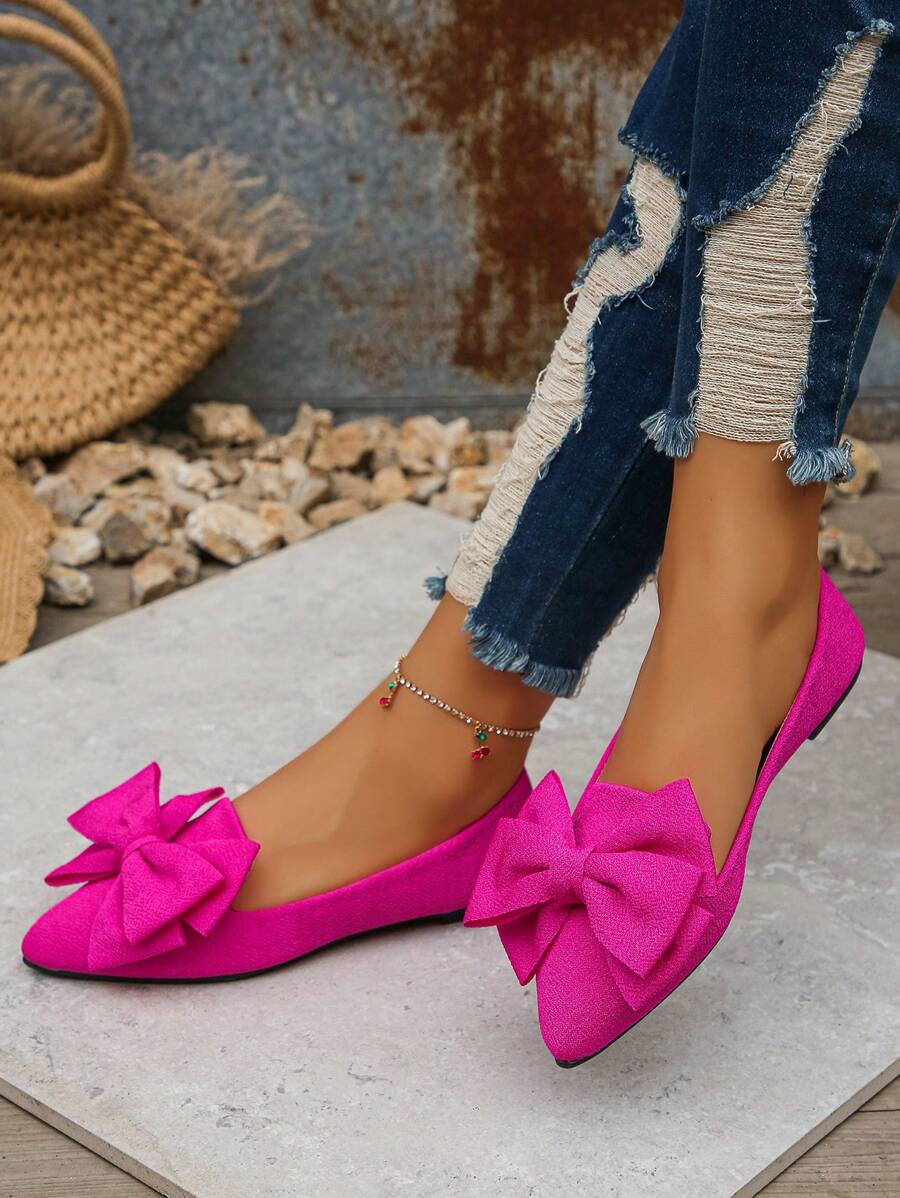 New Pointy Toe Flat Canvas Slip-On Shoes, Fashion Rose Red Bow Decor, Low Vamp, Casual Wear, Plus Size 35-45, Lightweight & Comfortable Flats For Women, Spring/Autumn - 玫紅色 - 查看 1