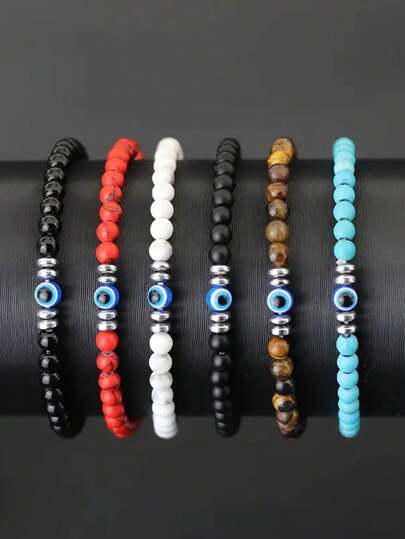 YAUKIA 1 件邪恶之眼天然绿松石黑玛瑙虎眼珠弹力男女通用手链强度保护