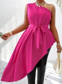 Plus Size Women's Solid Color Sleeveless Asymmetric Hem Casual Shirt