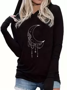 月亮图案印花连帽长袖 T 恤，女士休闲外套，春秋季 - 黑色 - 查看 1