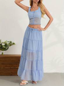 Women's Summer Outfits Solid Color Scoop Neck Tank Tops With Tiered A-Line Skirt Set Party Clothes