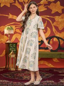 Vestido/bata de manga corta holgado con bordado vintage para adolescentes y niñas preadolescentes