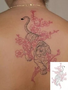 1 件彩色梅花和老虎临时纹身贴纸，防水防汗，东方风格，适合时尚、潮流风格 - 彩色 - 查看 1