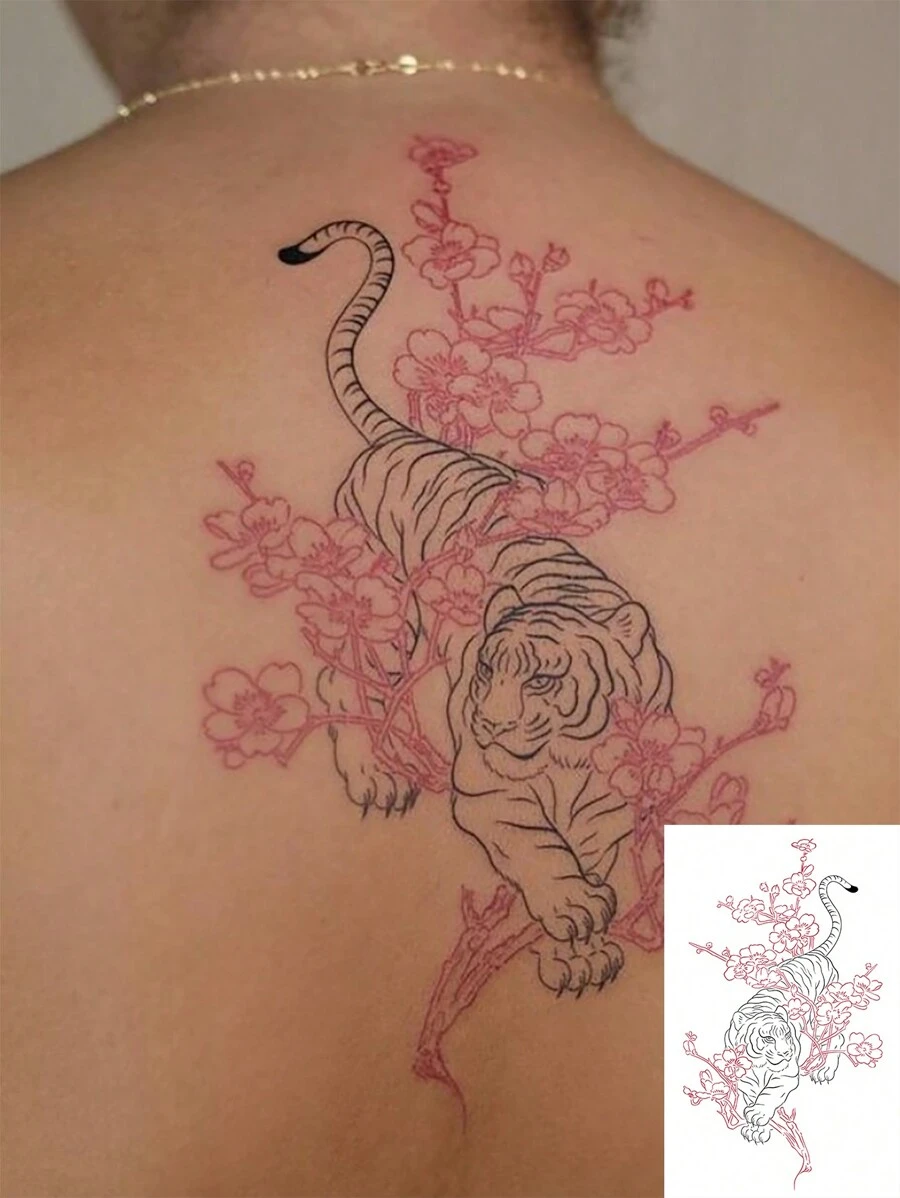 1 件彩色梅花和老虎临时纹身贴纸，防水防汗，东方风格，适合时尚、潮流风格 - 彩色 - 查看 1