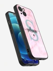 Customized Pink Gradient Marble Color Initial Letter Signature Design Shockproof Phone Case, Personalized Signature Phone Case, Suitable For Girl's Birthday Gift, Valentine's Day Gift. Customizable Name Color Phone Case, Personalized Colorful Letter Anti-Drop Thick Black Phone Case Cover For S20, S21, S22, S23, S24, A12, A14, A15, A21, A22, A31,  11/13/14/15 Pro Max, 16 Pro Max - Black - View 7