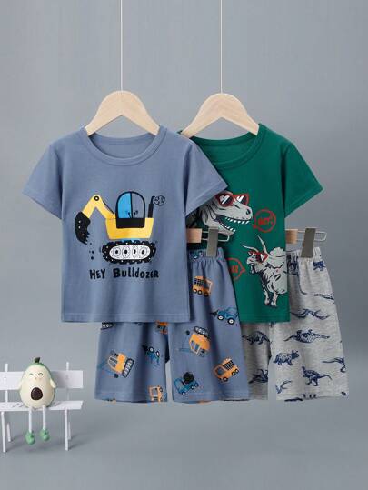 男童睡衣套装，短袖 T 恤和短裤，恐龙卡通印花，夏季