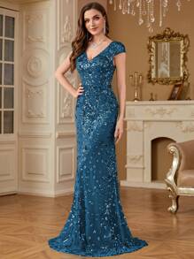 hezixi 女士优雅亮片性感晚礼服，长款美人鱼式正式舞会礼服，奢华婚礼派对鸡尾酒会礼服，婚礼宾客礼服 - 水鴨藍 - 查看 4