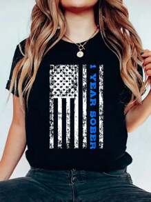 Sobriety 1 Year Sober T-Shirt Print Cotton T Shirt For Summer, Women's Soft Short Sleeve Top, Stylish Comfy Tee For Women Graphic Tees