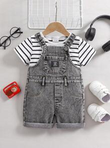 2pcs/Set Baby Boy Denim Overall + Striped Short Sleeve Top - Black - View 1