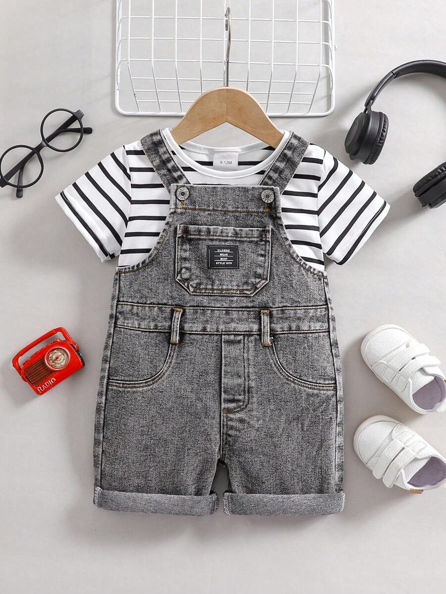 2pcs/Set Baby Boy Denim Overall + Striped Short Sleeve Top - Black - View 1