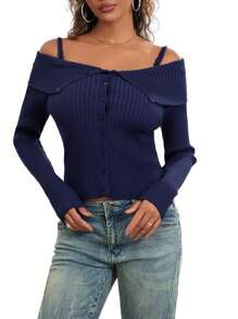 Women's Autumn Slim Knit Tops Solid Color Off Shoulder Long Sleeve Sweaters Knitwear - Blue - View 2