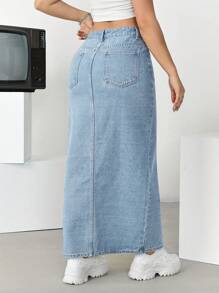 Women's Plain Simple Slit Denim Skirt, Everyday Wear - Light Wash - View 6